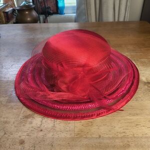 Vintage red straw sunhat with big red mesh flower bow and feather